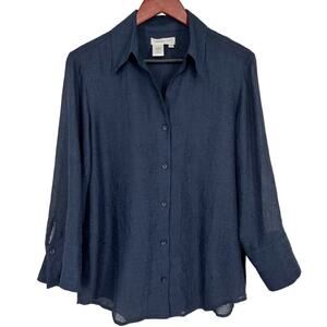 Coldwater Creek PM Petite Medium Formal Navy Blue Crinkle Fabric Shirt Top